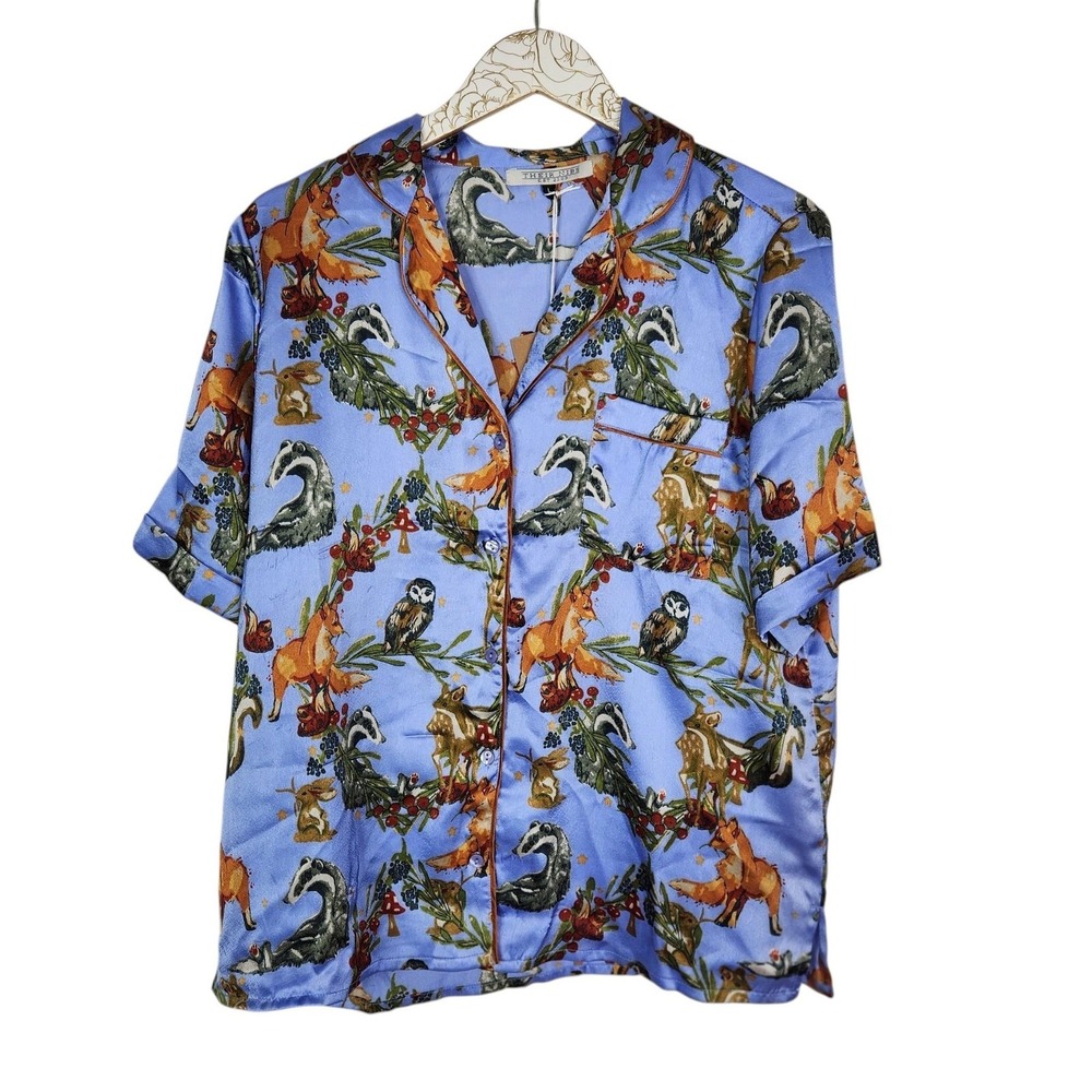 THEIR NIBS Pajama Top Womens Large Blue Woodland Animal Satin Button Print